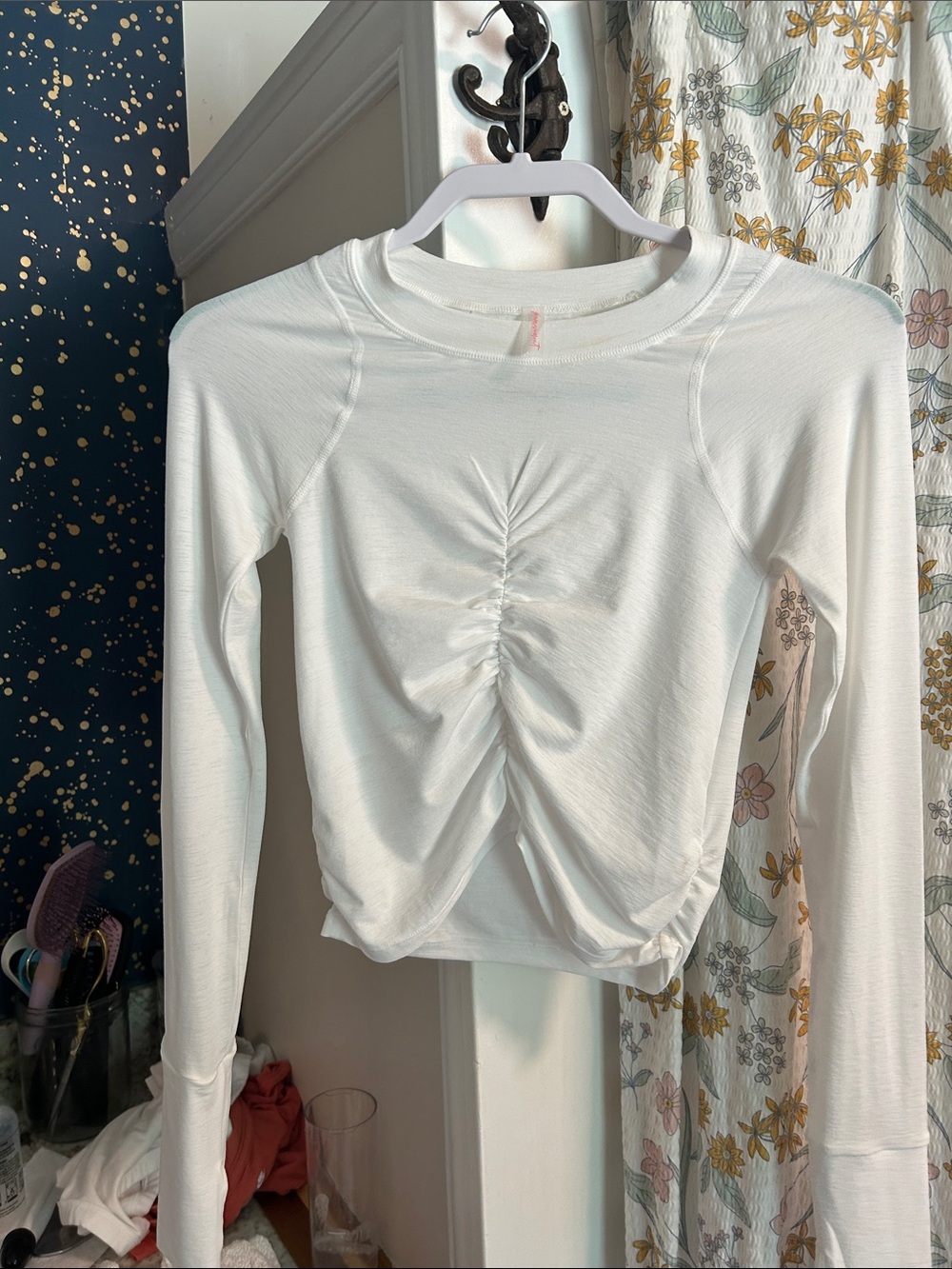 Long-Sleeve White Ruched Front Women's Top